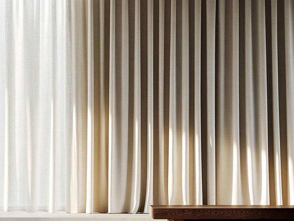 Bodentiefer Akustikvorhang im Streiflicht — textile Schallabsorption durch Faltenwurf